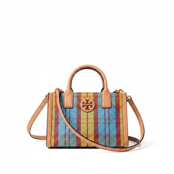 Tory Burch Handbags - Tory Burch Ella Mini Plaid Top Handle Crossbody Tote Bag Multicolor Leather Trim